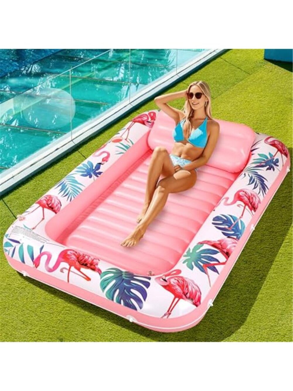 Inflatable Tanning Pool Float Lounger Adult Sunbathing Raft with Pillow Pink